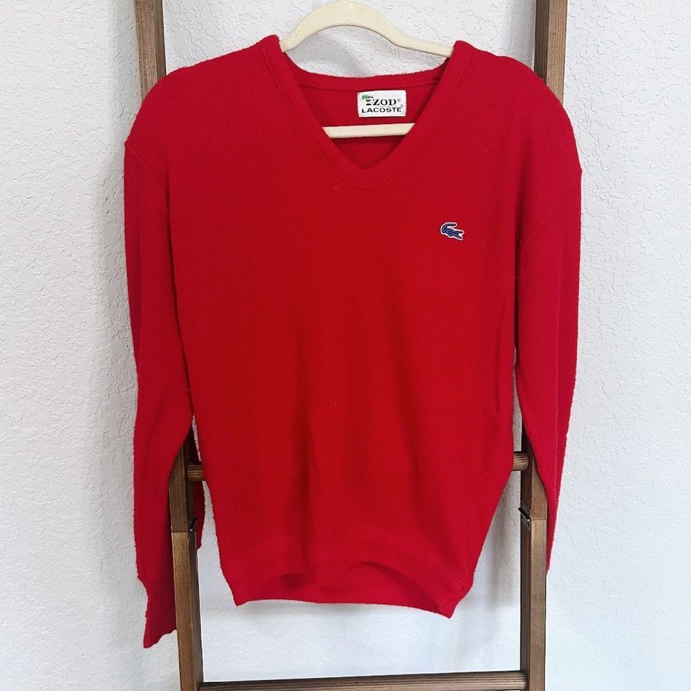 Vintage Lacoste V-Neck Sweater in Bold Red